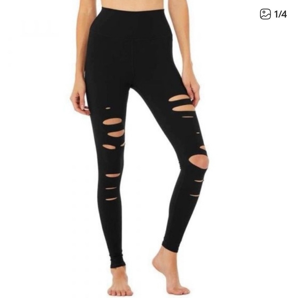 Alo yoga Black Distressed High-Waist Ripped Leggings